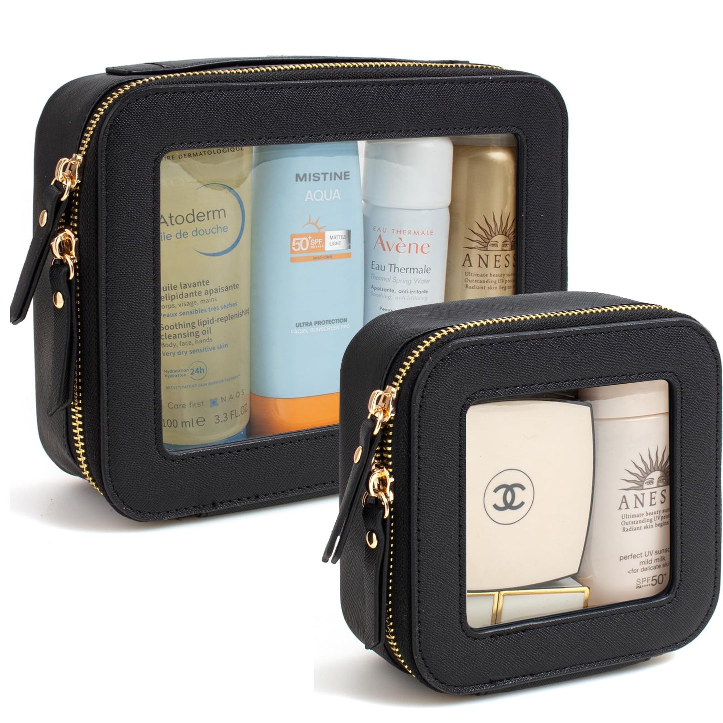 KOTORA Clear Makeup Bag Organizer Set,Portable Travel Toiletry Case for Women, Vegan Leather Cosmetic Pouch Car Bag for Essentials Car Make Up Bag Organizer Storage Traveling (Black)