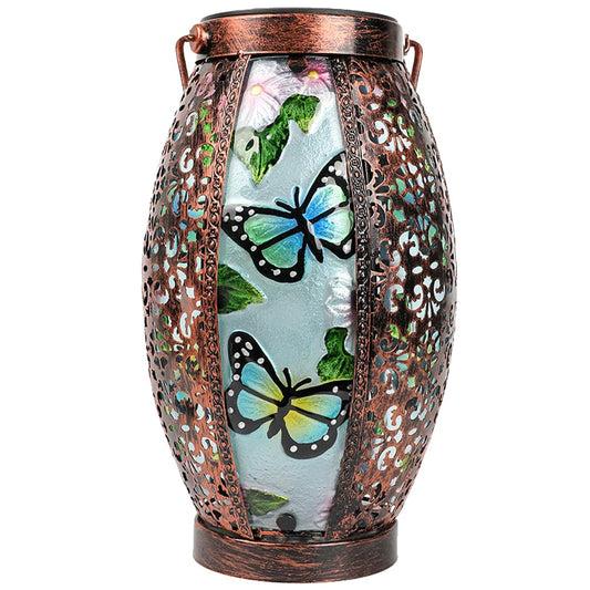 TEYIGARDEN Butterfly Solar Lanterns Glass & Metal Hanging Lantern Outdoor Waterproof 16" H Tabletop Light with Hollowed-Out Design for Garden Patio Table Decor Mother's Day Gift