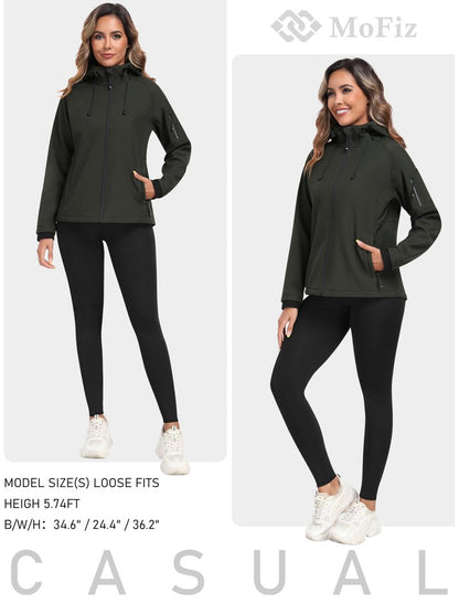 MoFiz Women's Fleece Lined Softshell Jacket Hooded Windproof Lightweight Insulated Jacket Full Zip Warm Coat Army Green M