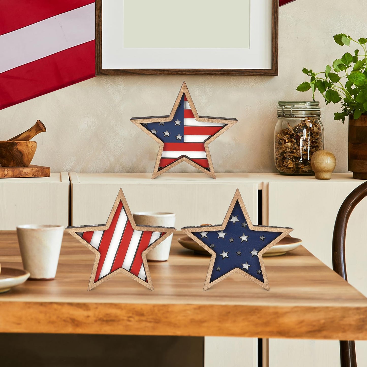 COCHIE 4th of July Decorations Wooden Stars, Patriotic Memorial Day Star Tiered Tray Decor Set of 3, Fourth of July Red White Blue Decoration for Home Office Table Shelf (Flag Hollow)