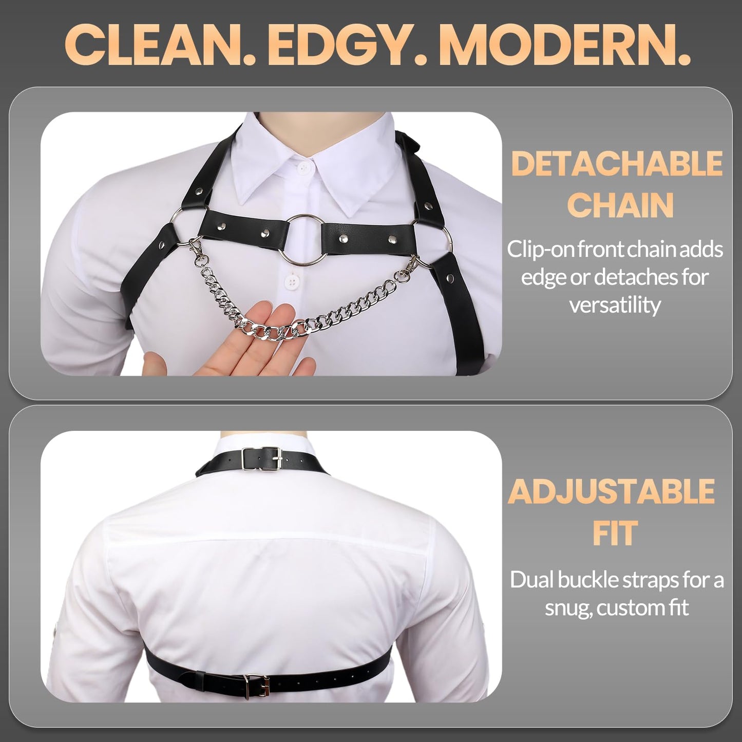 Men's PU Leather Chest Harness Belt with Chain, Adjustable Neck Harness Belt for Men, Male Punk Chest Shoulder Harness for Punk Cosplay, Muscle Show Clubwear Nightclub Stage Party Outfits X025
