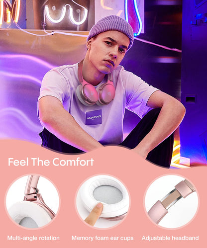 INFURTURE Pink Headphones Over Ear Headphones Active Noise Cancelling Bluetooth Headphones, Deep Bass Headset, Low Latency, 90H Playtime, Foldable Headphone for Sport Running Cool Gadgets Gift-H1