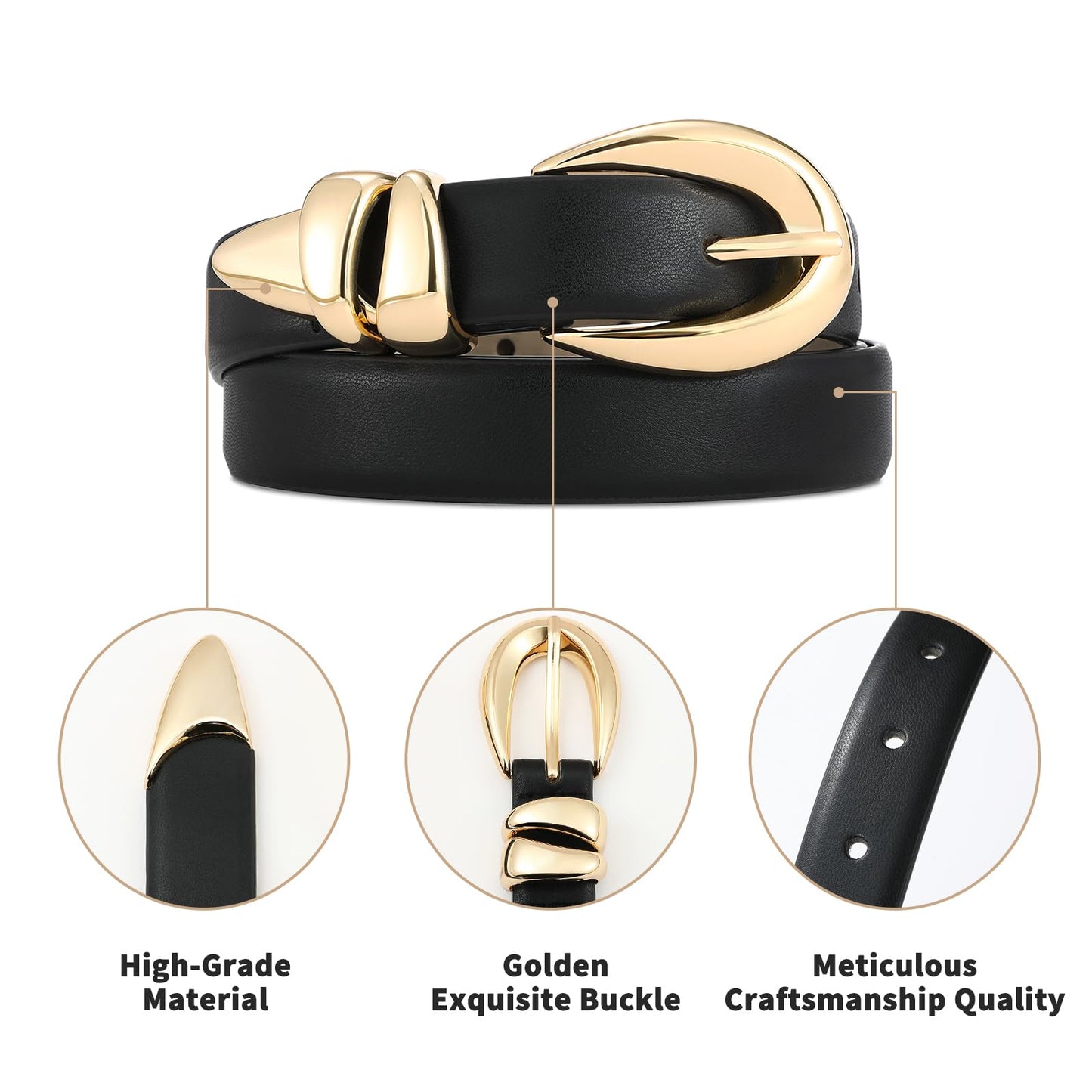 RISANTRY Black Leather Belt for Women Stylish Design with Gold Buckle Ladies Black Belt Perfect for Jeans Dresses