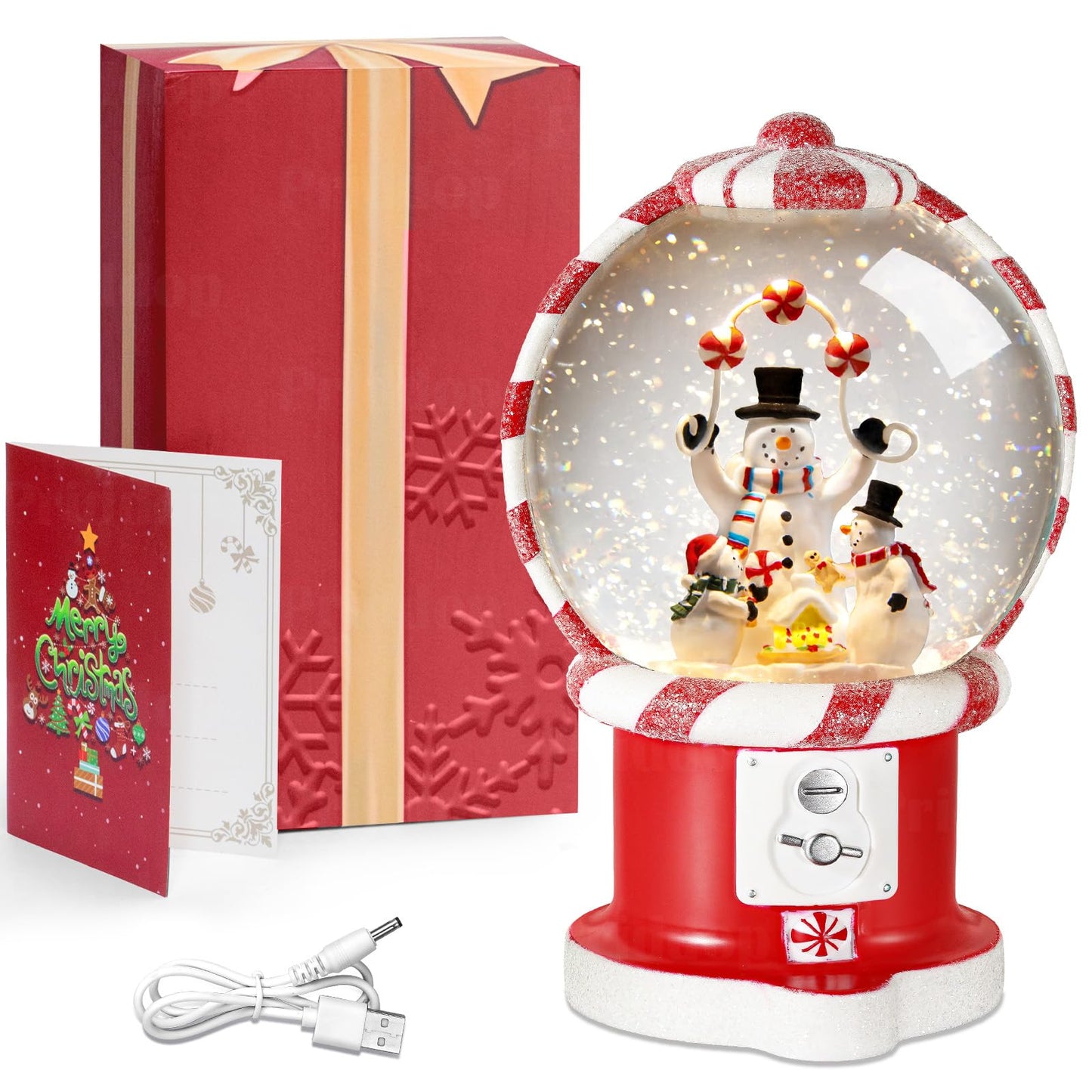 Priddop Snowman Snow Globe Christmas Classic Candy Vending Machine Shape Gifts USB/Battery Musical Glitter Snowfall USB/Battery Timer Christmas Decorations Indoor 7.8 inch