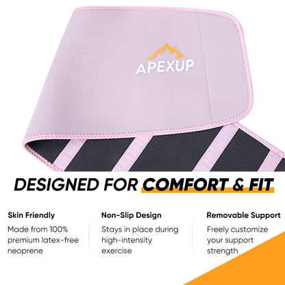 APEXUP Waist Trainer for Women Lower Belly Fat, Men Sweat Band, Stomach Wrap, Waist Trimmer with Removable Lumbar Support (Pastel Pink, L)