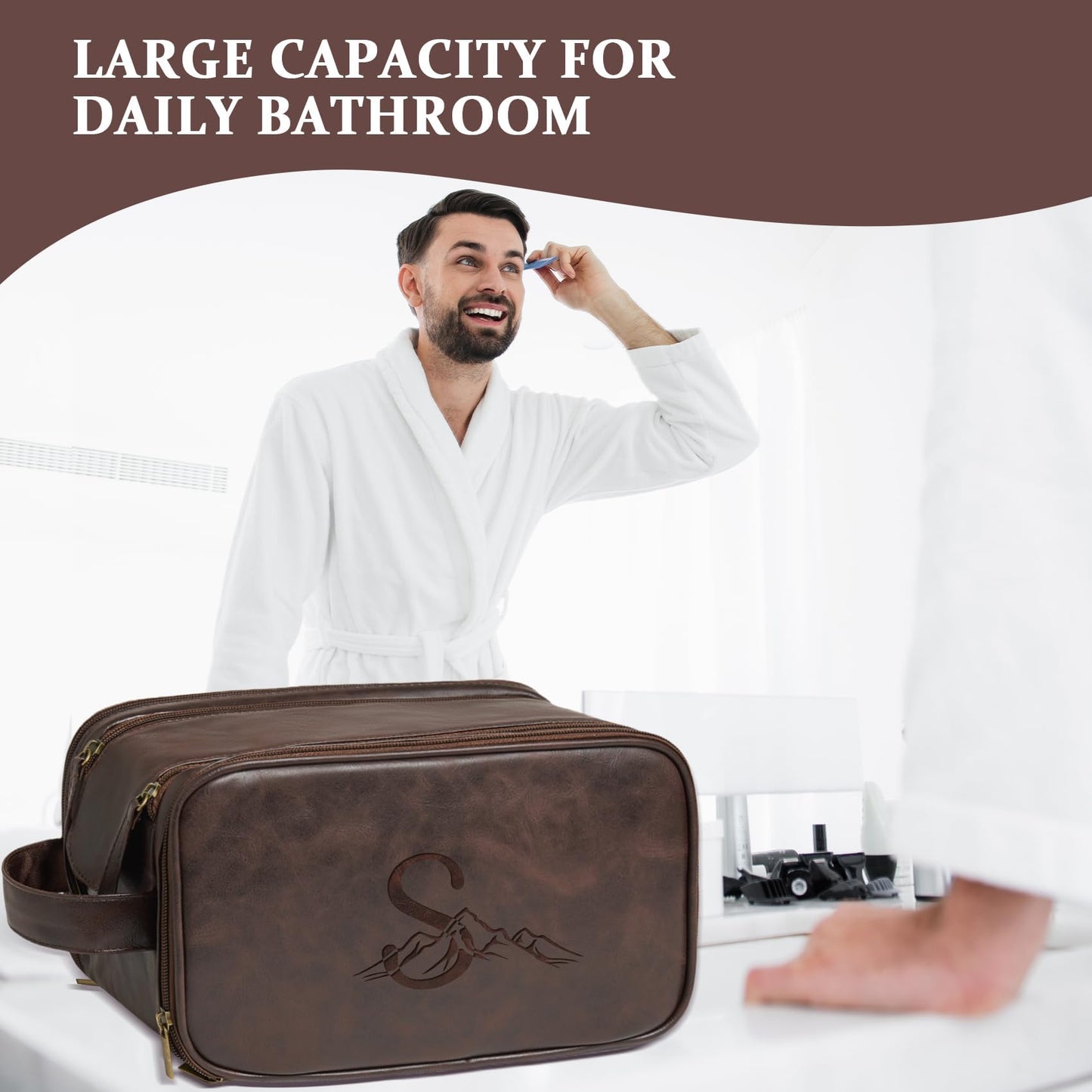 Janhavi Travel Toiletry Bag For Men Waterproof, Groomsmen Gifts Personalized Leather Engraved Initials & Mountain, Mens Dopp Kit Bag, Birthday Gifts For Men, Travel Tssentials (Dark Brown A)