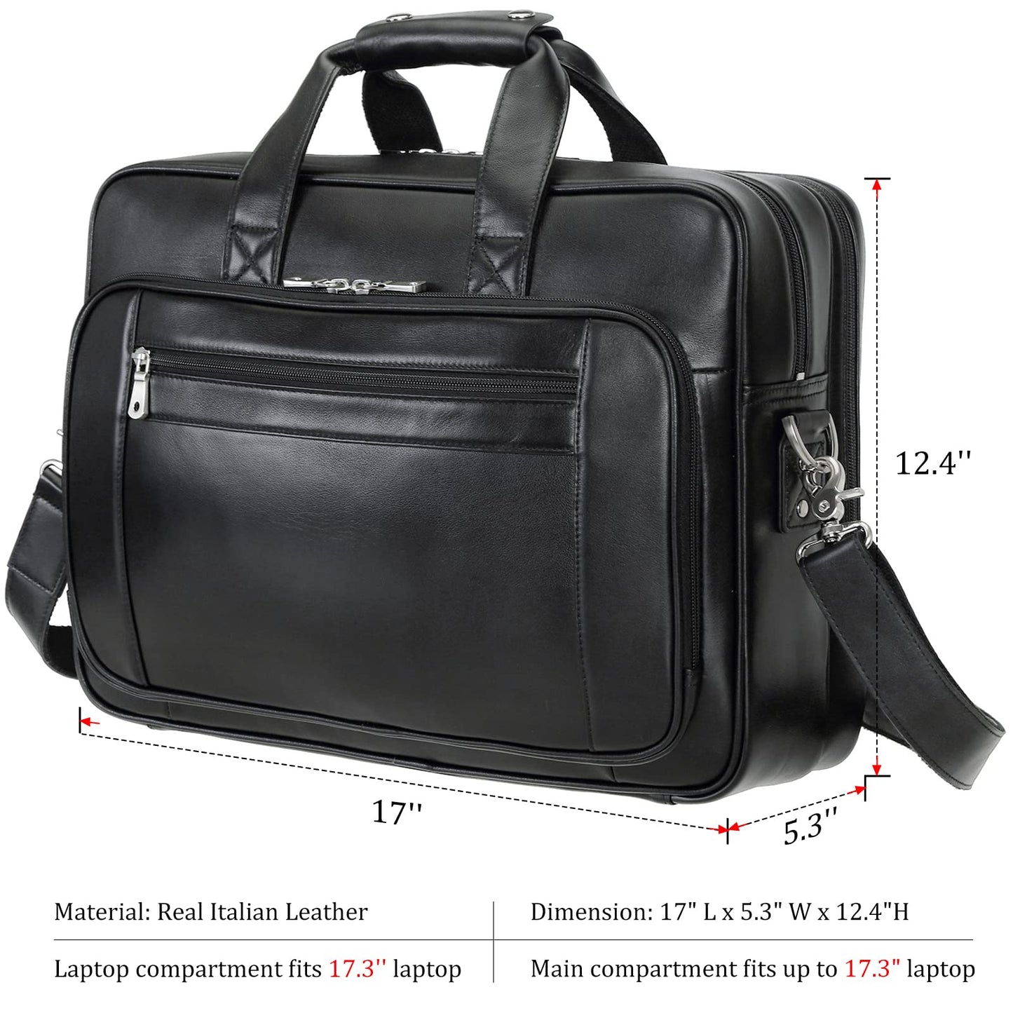 compalo Men's Solid Thick Napa Leather 17.3" Laptop Briefcase Classic Messenger Bag Fit Business Travel