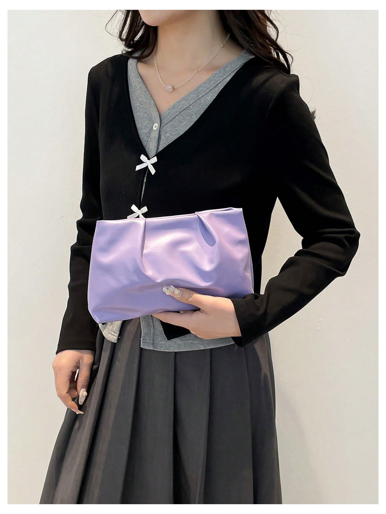 OYOANGLE Women's PU Leather Clutch Purses Small Zipper Ruched Minimalist Handbag Purple One Size