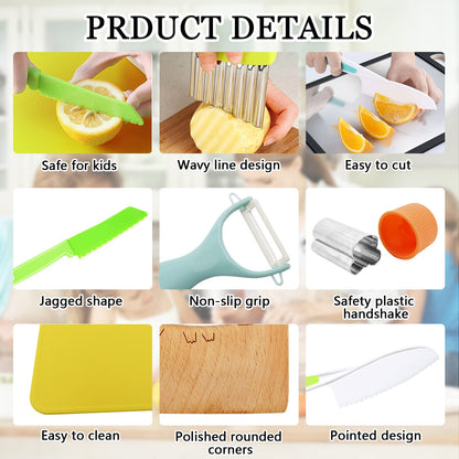 RISICULIS 11 Pieces Wooden Kids Kitchen Knife, Kids Kitchen Set Include Wood Knife, Serrated Edges Plastic Toddler Knife, Crinkle Cutter, Sandwich Cutter, Y Peeler, Cutting Board