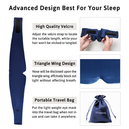 Silk Sleep Mask for Women Men, Mulberry Silk Eye Sleeping Mask & Blindfold with Adjustable Velcro Strap, Blackout Eye Cover for Sleep Travel Yoga Nap, Large Size, Black