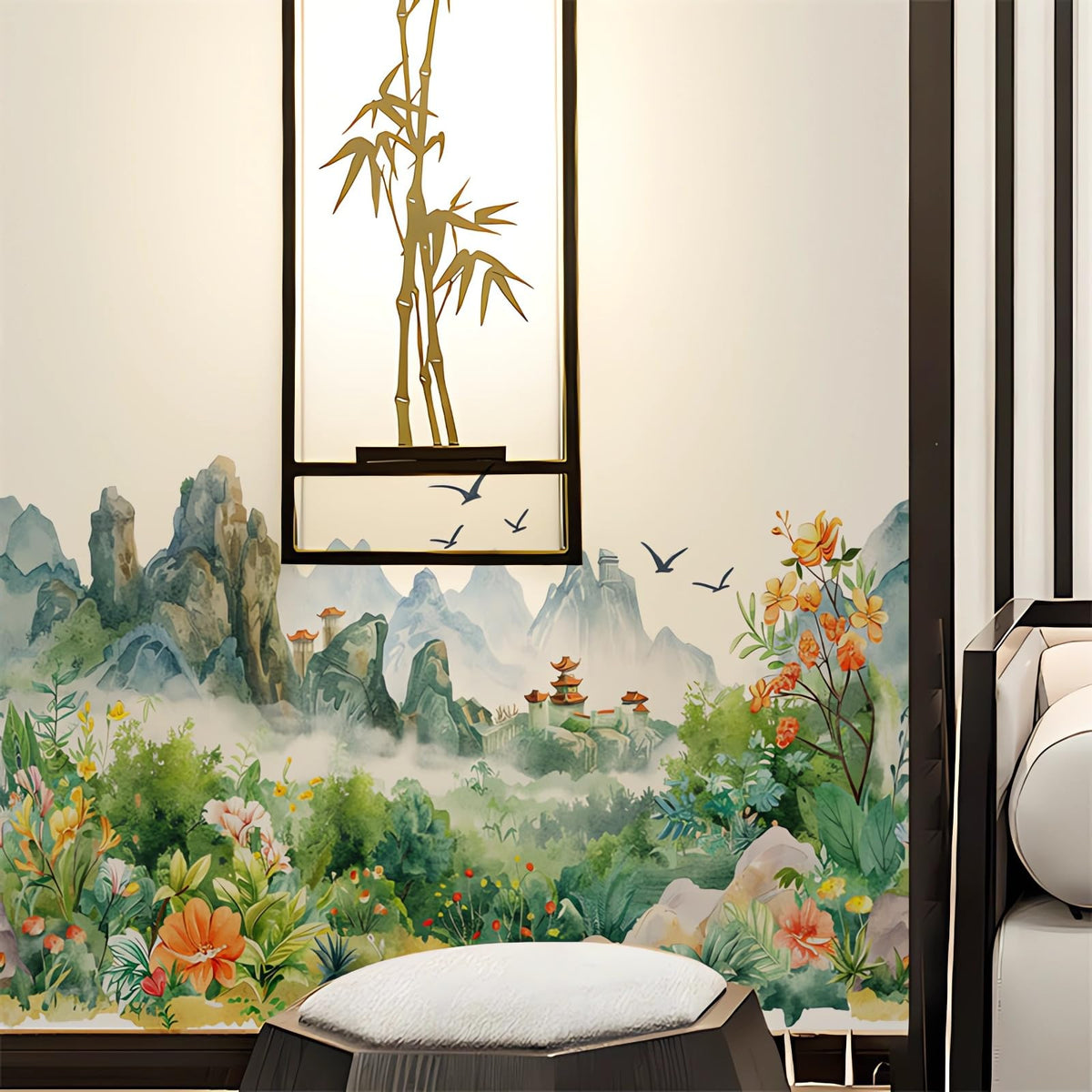 Chinese Style Landscape Painting Circulation Collage Wall Stickers, sacinora Landscapes Flower River Bird Wall Decal Removable Vinyl Peel and Stick for Living Room Tea Room Background Home Decoration