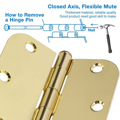 3 Pack Rounded Door Hinges 3-1/2" x 3.5 inch, 5/8 Radius, Polished Brass 3 ½ Inch Gold House Interior Hinge for Bed/Living/Guest/Pantry/Storage/Study/Work Room Doors Heavy Duty Steel Hardware Kit