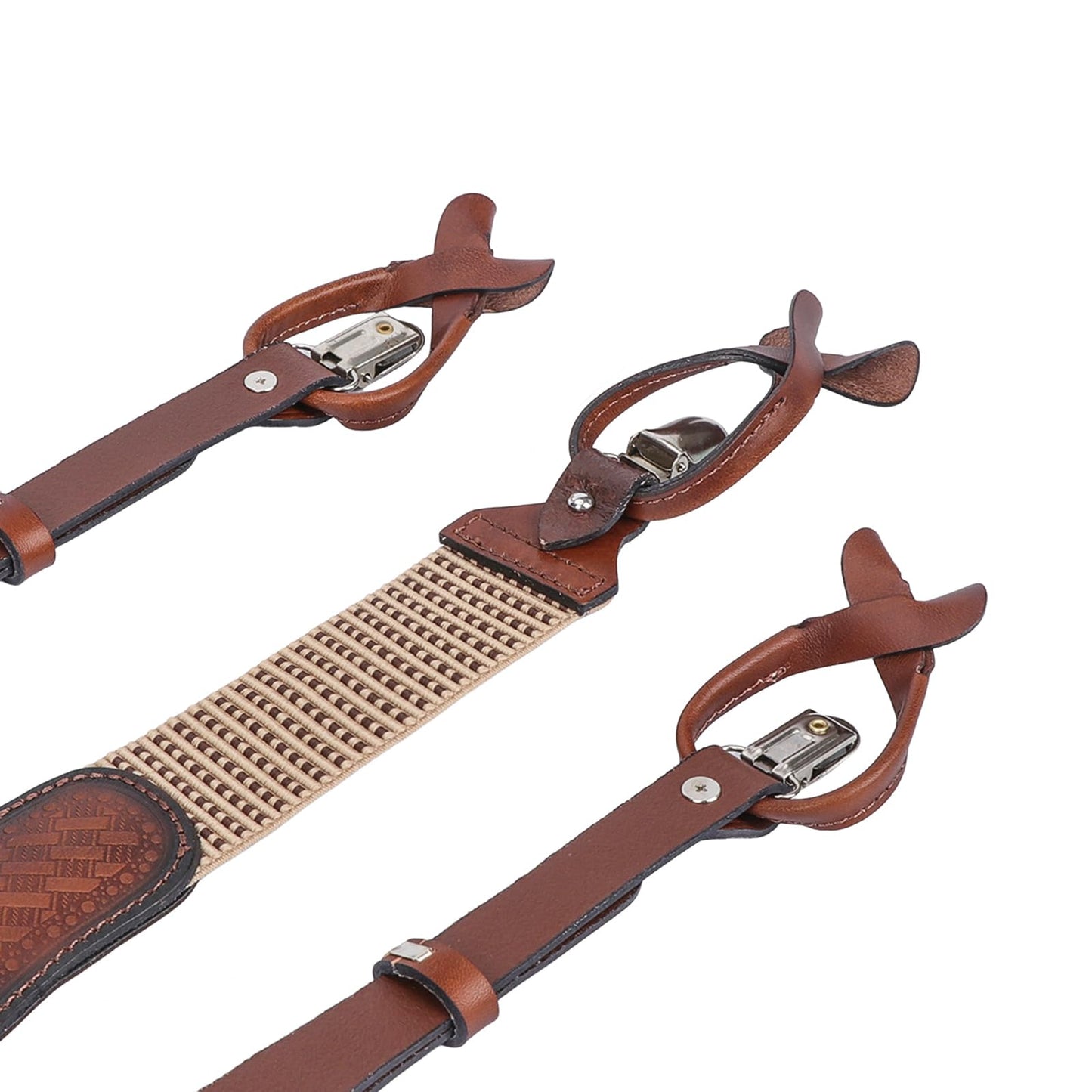 Tourbon Leather Suspenders for Men Y Back Shape Elastic Webbing Adjustable Brown Wedding Groomsmen with Interchangeable Clips