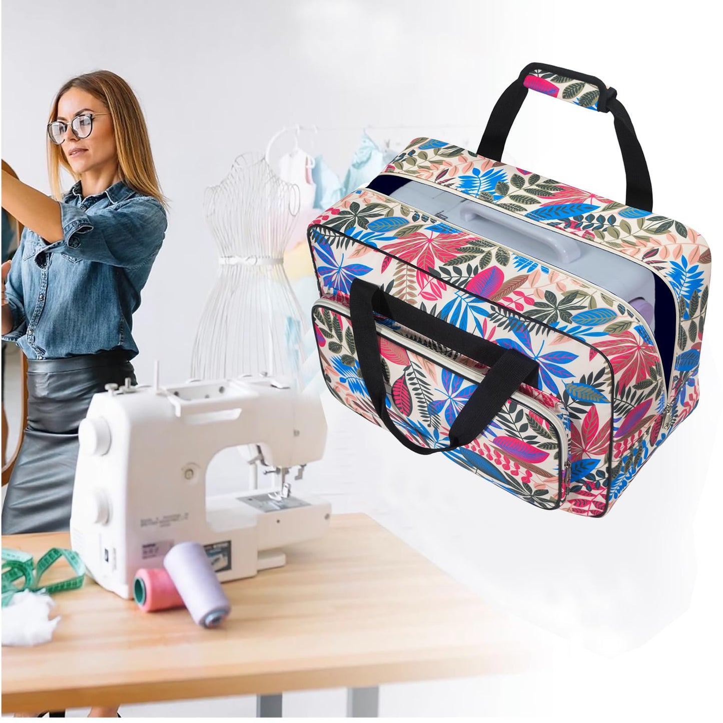 Haroranax Sewing Machine Carrying Case, Sewing Machine Carrying Case Tote Bag, Universal Tote Storage Bag with Pockets and Handles, Suitable for Most Standard Singer, Janome (Milk White)