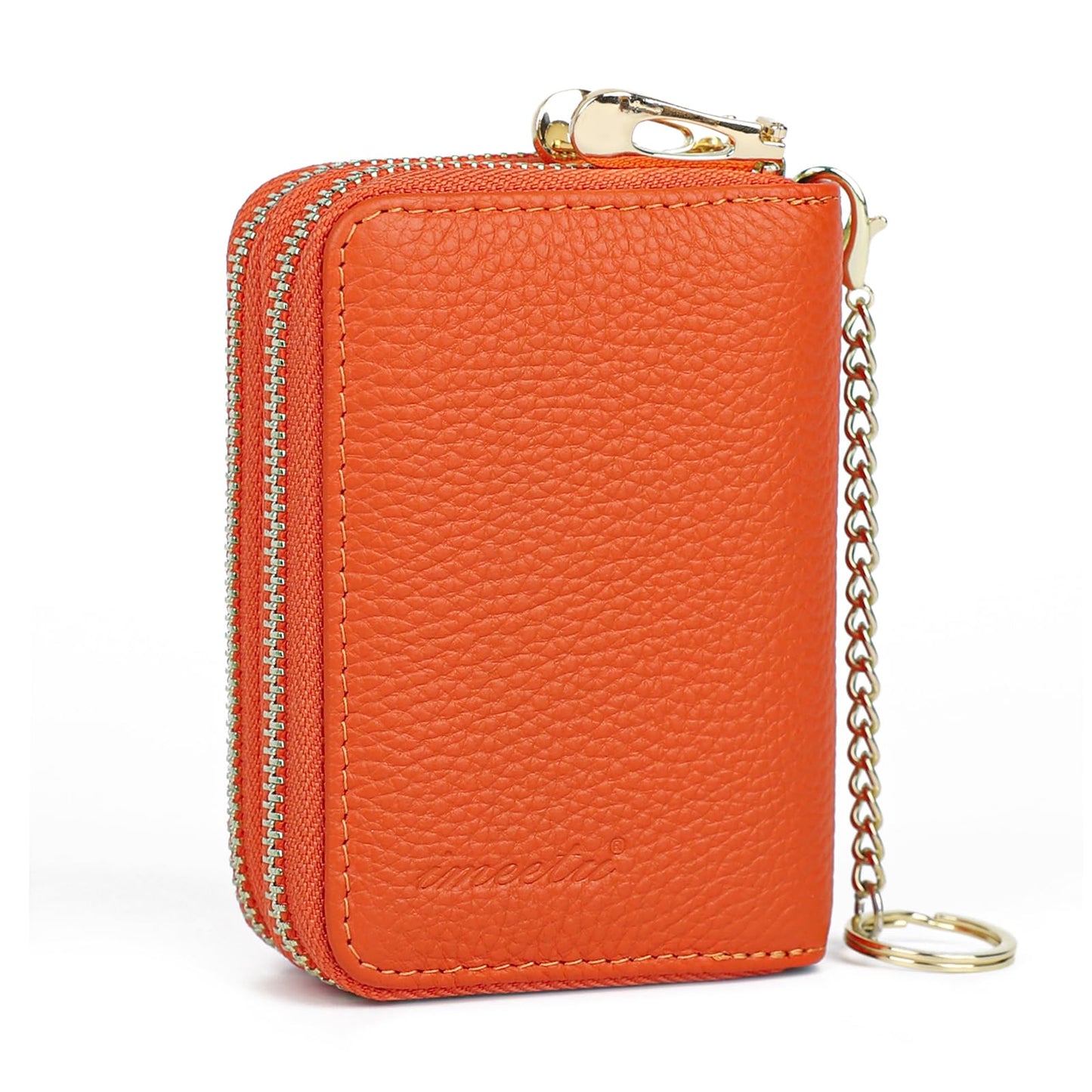 imeetu RFID Credit Card Wallet, Genuine Leather Zipper Card Case Holder with Removable Keychain(Max - Orange)