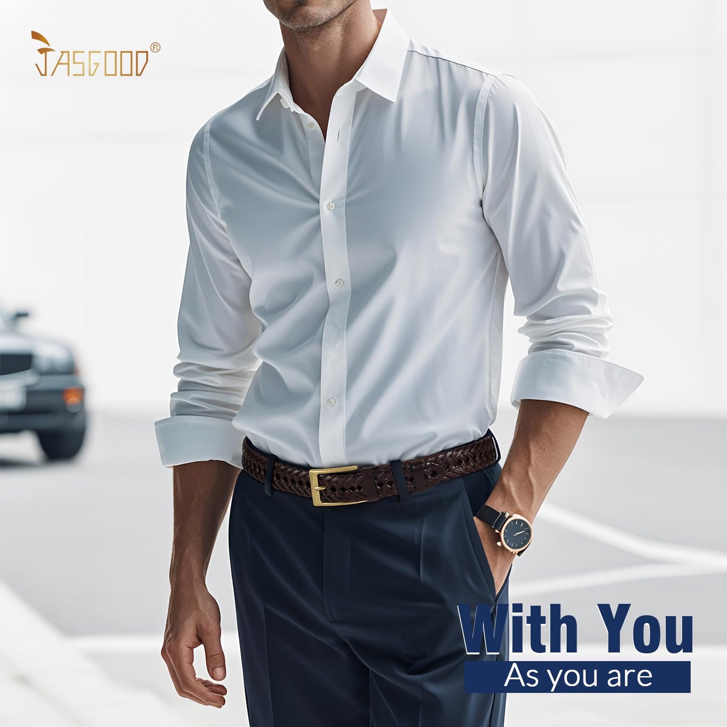 JASGOOD Men's Braided Leather Belt, Braided Woven Belt for Men Casual Jeans with Solid Strap Single Prong Buckle (B-Brown,Suit for Pant Size 32-37 inch)