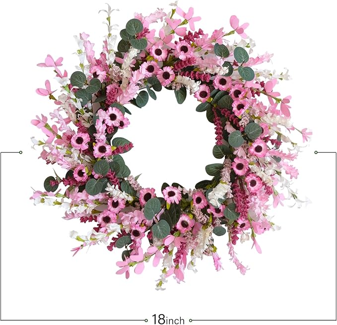 Idyllic 18 Inch Pink Daisy Wildflowers Spring Summer Wreath for Front Door, Pink Lavender Eucalyptus Leaves for Valentine Wedding, Faux Flower for Indoor and Outdoor