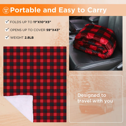 Westinghouse Heated Car Blanket, 12-Volt Electric Blanket for Car, Truck, SUV, RV, Portable Heated Throw for Camping, Grey Buffalo Plaid, 59" x 43”