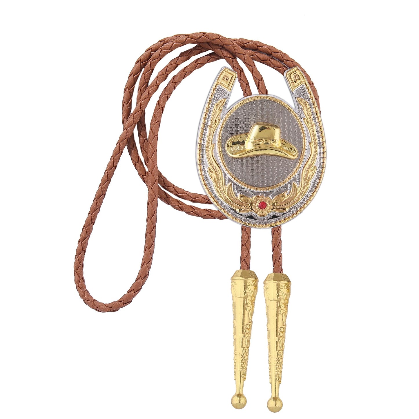 Jeilwiy Men's Bolo Ties Gold Cowboy Hat Bolo Tie 3D Design Western Leather Necktie Brown Bolo Tie for Men