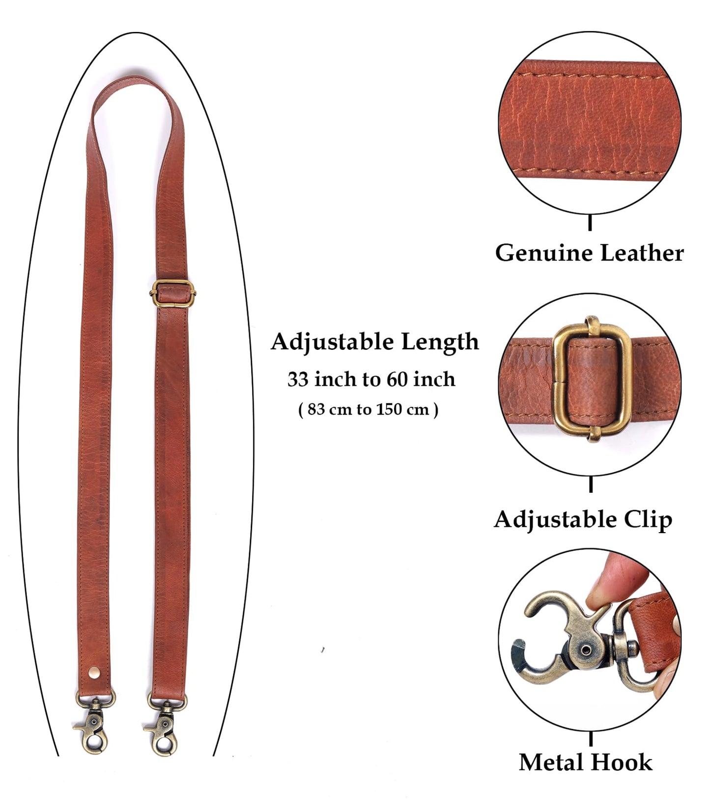 Genuine Brown Leather Purse Straps Replacement Crossbody - 60-inch Long Thin Adjustable Shoulder Straps for Handbags, Purses, Tote, Leather Bags with Gold Metal Swivel Hooks