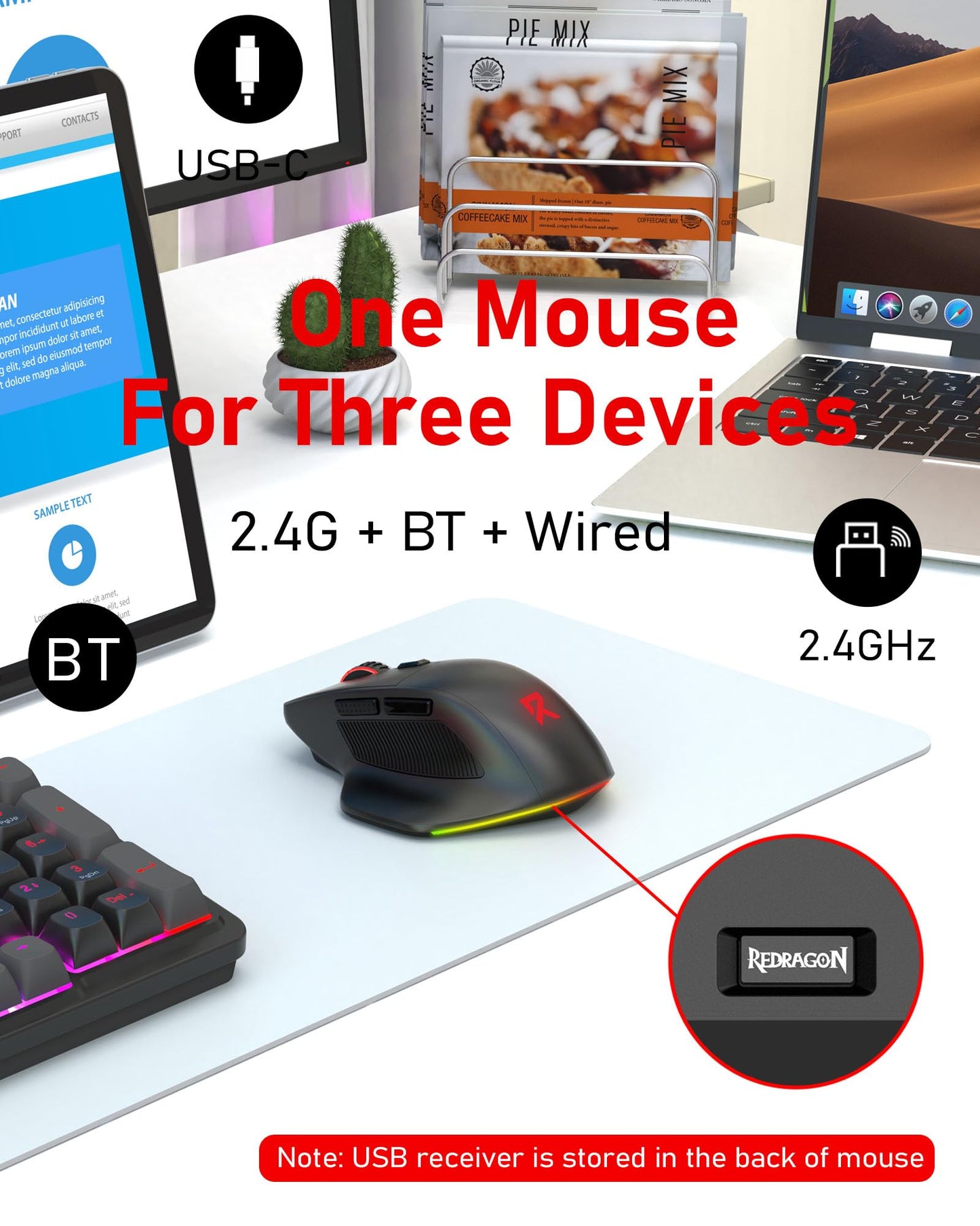 Redragon Large Wireless Gaming Mouse for Big Hands, Tri-Modes 2.4G/Bluetooth/Wired Rechargeable Ergo RGB Mouse with 2 Side Buttons, 6 Backlit Modes, Programmable Macro Gamer Mouse