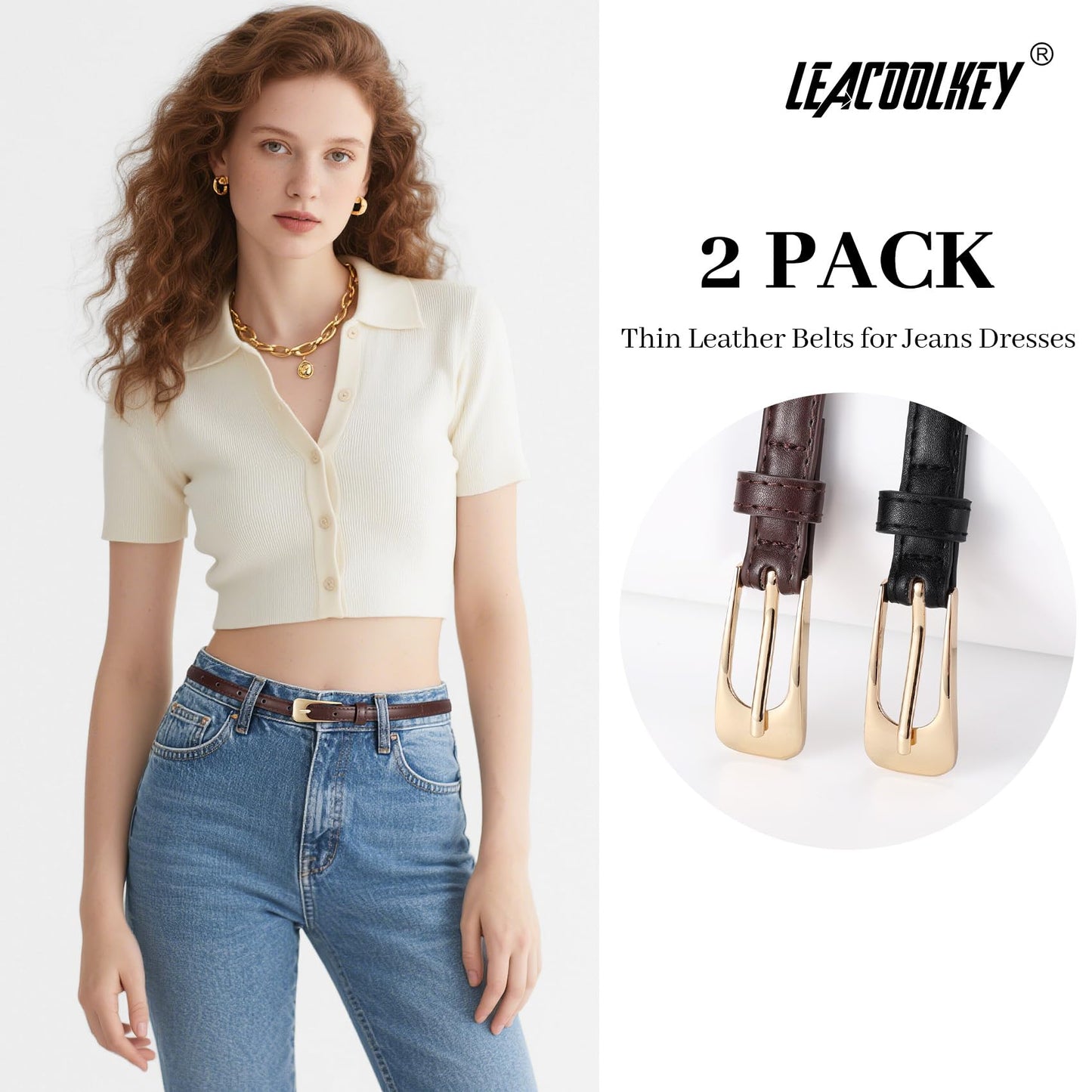 LEACOOLKEY 2 Pack Women Thin Leather Belts Ladies Skinny Waist Belt for Dresses Jeans 0.55" Width