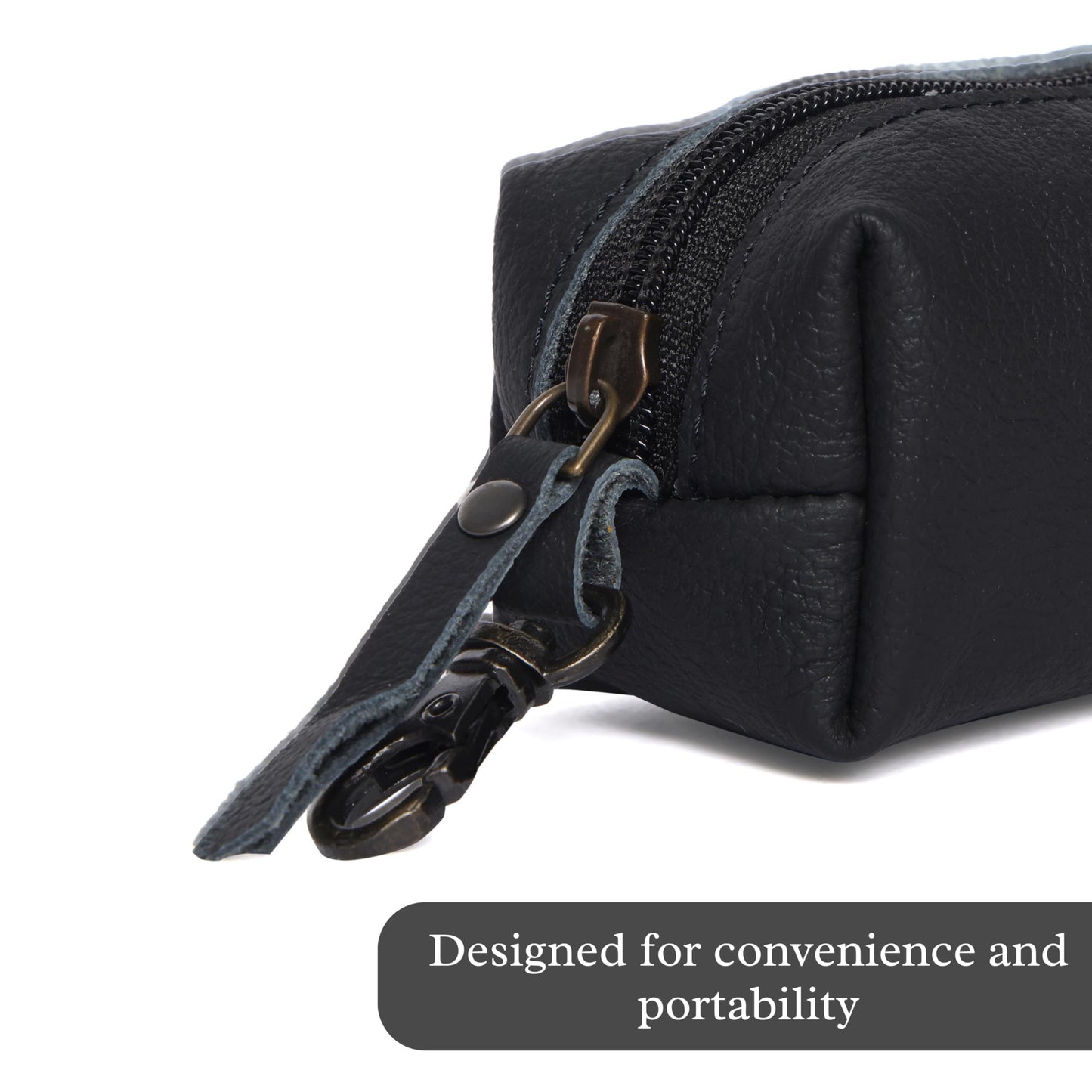 Leather Zipper Coin Pouch with Key Clip, Compact Change Holder Wallet for Men & Women, Small Leather Coin Purse for Cash, Keys, Earbuds, Everyday Carry Accessory (1, Black)
