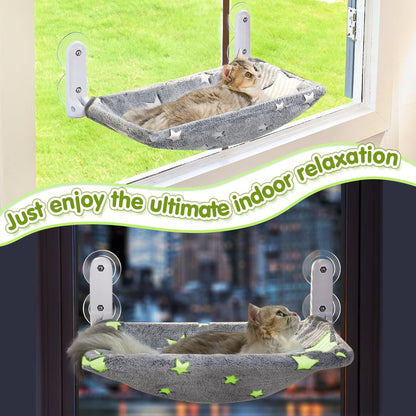 Zoratoo Cat Window Perch, Glow in The Dark Cordless Foldable Pet Hammock Bed for Window with Sturdy Metal Frame, Glowing Stars Pattern Resting Seat for Indoor Cats (Stars - M)