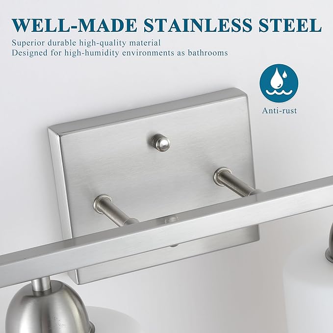 Stainless Steel Bathroom Vanity Light Over Mirror, 3 Light Brushed Nickel Bathroom Light Fixtures with Milk Glass and Clear Glass Shades, Modern Vanity Lighting Wall Mount