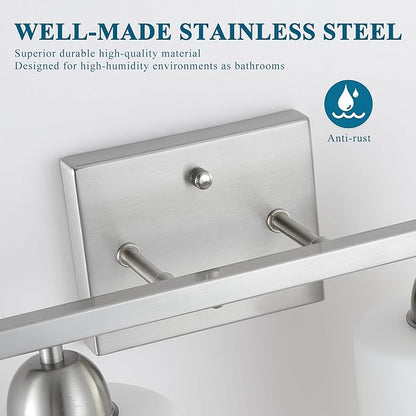 Stainless Steel Bathroom Vanity Light Over Mirror, 3 Light Brushed Nickel Bathroom Light Fixtures with Milk Glass and Clear Glass Shades, Modern Vanity Lighting Wall Mount