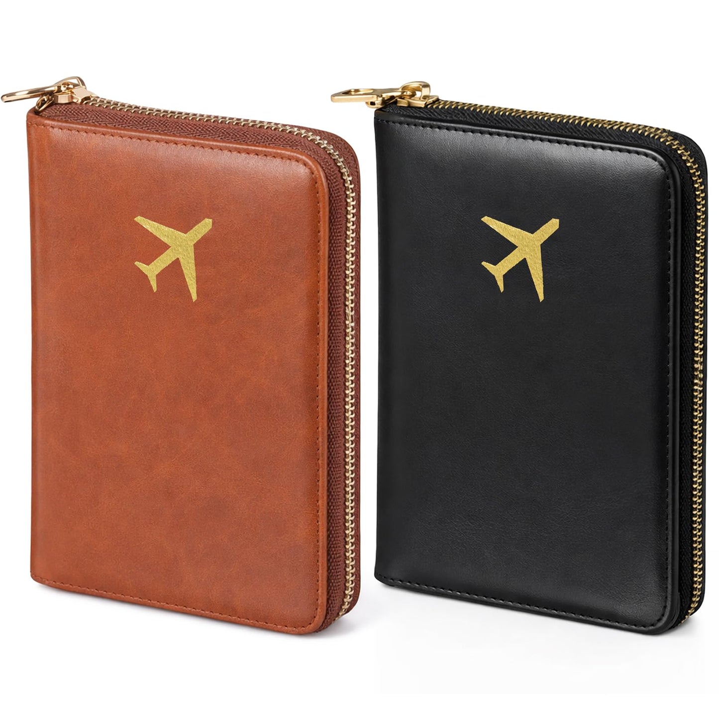 SilTriangle 2 Pcs Leather Passport Holder Cover for Travel with Safe Zipper Closure, Premium Passport Wallet Waterproof Rfid Blocking Card Case for Travel Family Women Men(Black,Brown)