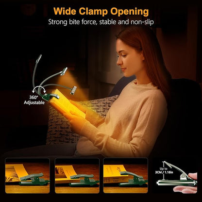 Gritin 19 LED Rechargeable Book Light for Reading in Bed with Memory Function- Eye Caring 3 Color Temperatures,Stepless Dimming Brightness,80 Hrs Runtime Clip on Light for Book Lovers-Dark Green