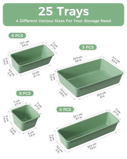 BiuLeon 25 PCS Plastic Drawer Organizers Set, 4-Sizes Vanity and Makeup Organizer, Desk and bathroom Drawer Organizer Trays, Organizers and Storage for Makeup, Jewelry, Gadgets, Utensils (Green)