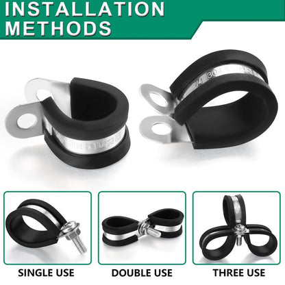 OURU 32PCS Cable Clamps Assortment Kit, Stainless Steel Rubber Coated Cushioned Insulated Clamps for Automotive Cable Wire & Pipe in 4 Sizes-5/8" 3/4" 1" 1-1/4"