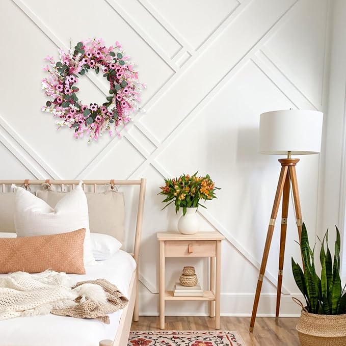Idyllic 18 Inch Pink Daisy Wildflowers Spring Summer Wreath for Front Door, Pink Lavender Eucalyptus Leaves for Valentine Wedding, Faux Flower for Indoor and Outdoor