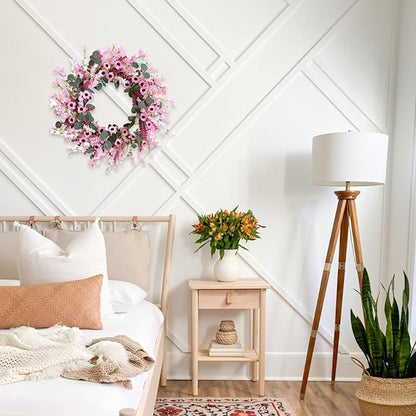 Idyllic 18 Inch Pink Daisy Wildflowers Spring Summer Wreath for Front Door, Pink Lavender Eucalyptus Leaves for Valentine Wedding, Faux Flower for Indoor and Outdoor