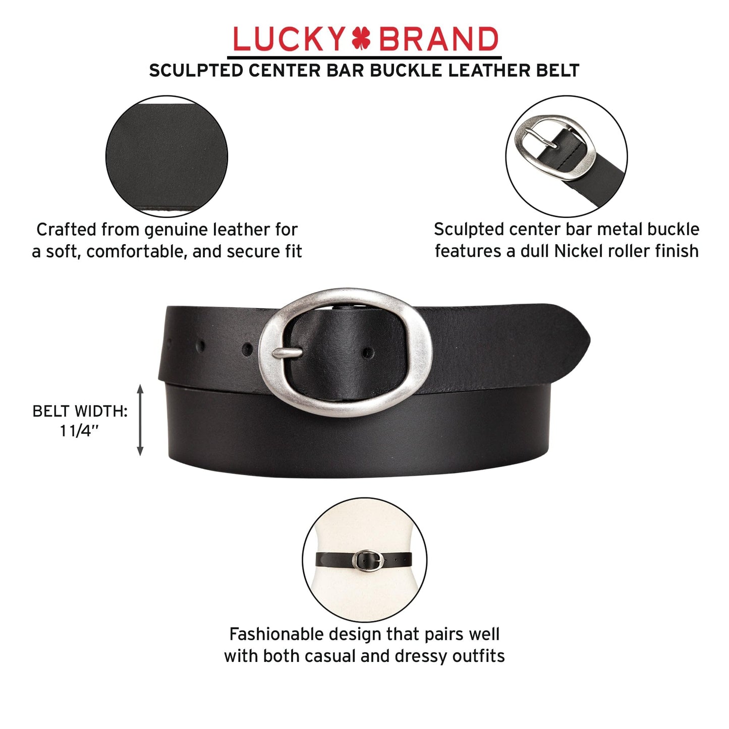 Lucky Brand Womens Sculpted Center Bar Buckle Skinny Belt | Leather | Trend | Stylish | Classic | Modern | Jeans - Black, X-Large