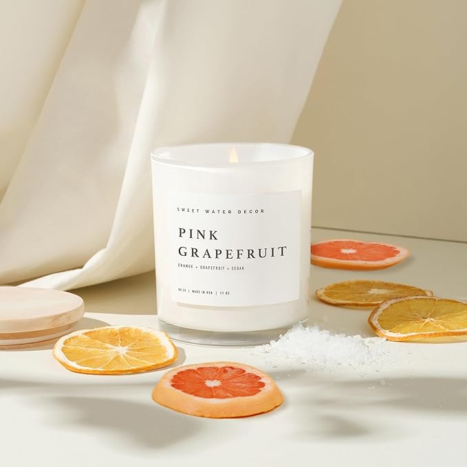 Sweet Water Decor Pink Grapefruit Scented Candles - Soy Candles with Grapefruit, Musk & Cedar for Home Decor - Candle Wax with 50 Hours Burn Time - 11Oz Wood Lid White Jar Candles for Home Scented