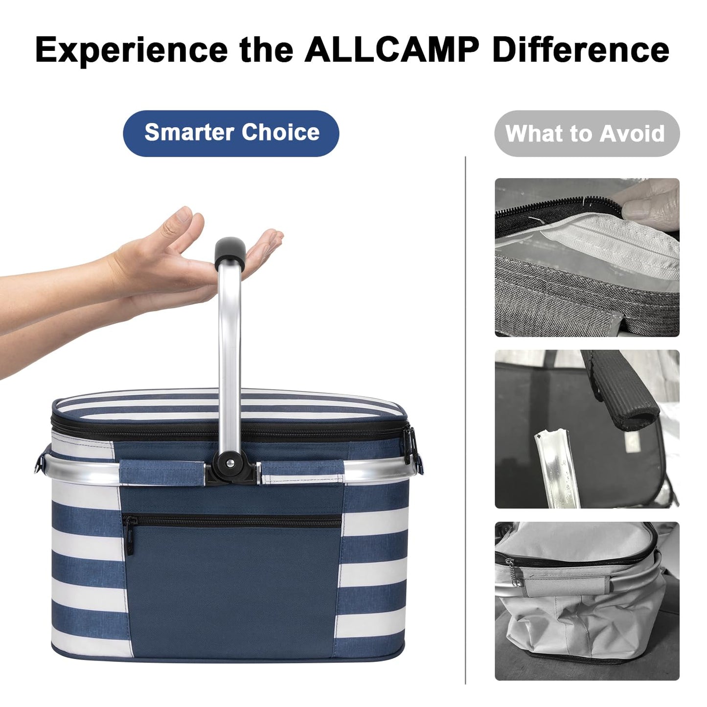 ALLCAMP Picnic Basket - Insulated Cooler, Thickening Foldable Picnic Basket with Removable Baskets & Sewn-in Frame, Basket for House Warming Gifts New Home(Blue and White)