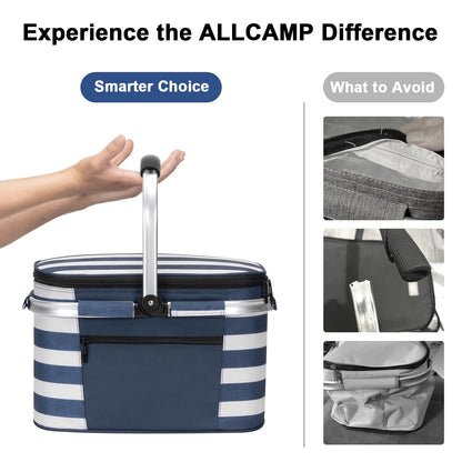ALLCAMP Picnic Basket - Insulated Cooler, Thickening Foldable Picnic Basket with Removable Baskets & Sewn-in Frame, Basket for House Warming Gifts New Home(Blue and White)