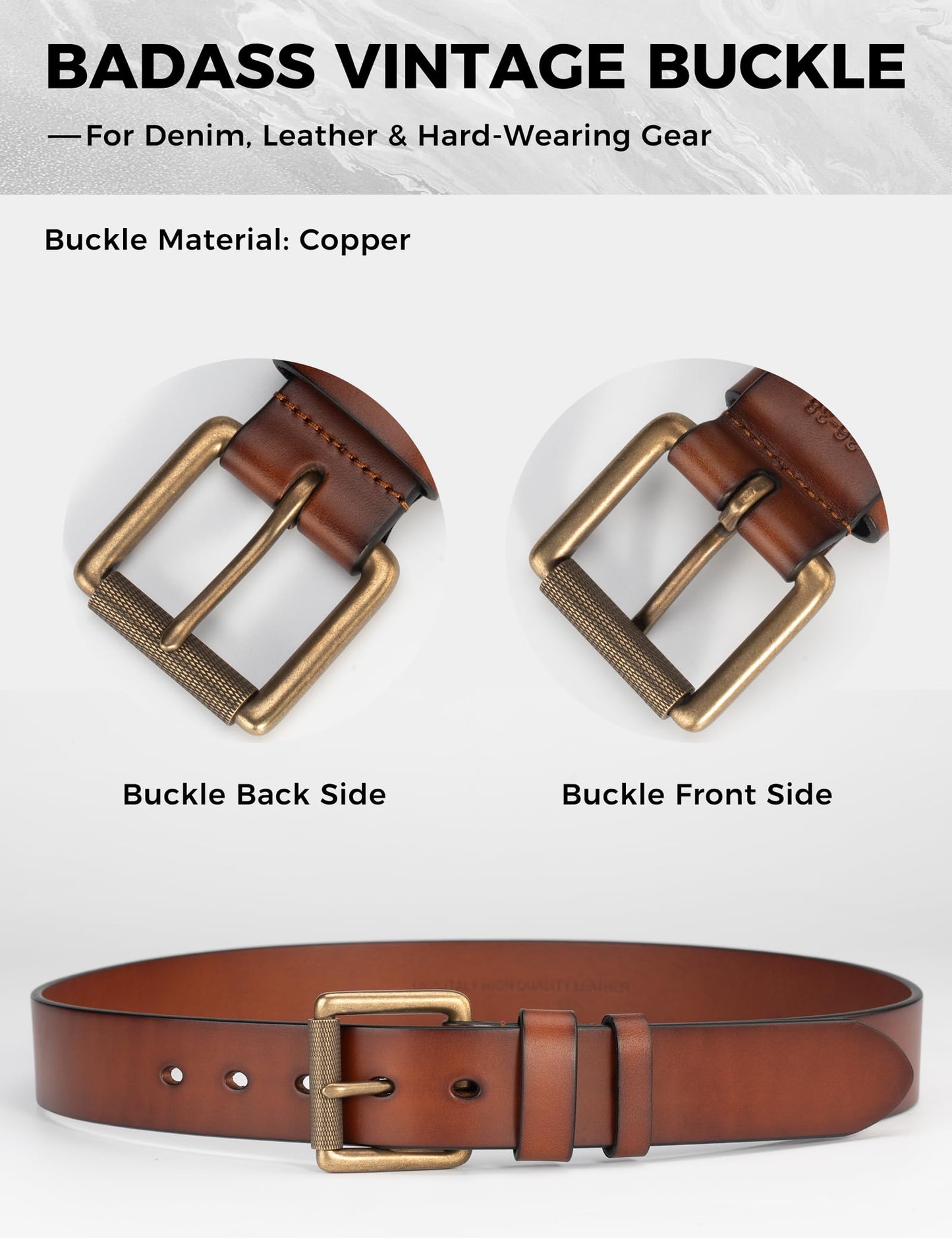 wolksprong Mens Heavy Duty Full Grain Leather Belt - 1 1/2 Italian Genuine Leather with Sturdy Buckle for Jeans Casual Pants