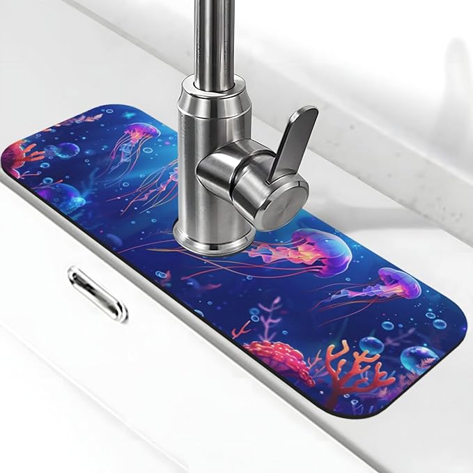 Faucet Draining Mat For Kitchen Sink, Ocean Jellyfish Corals Diatom Mud