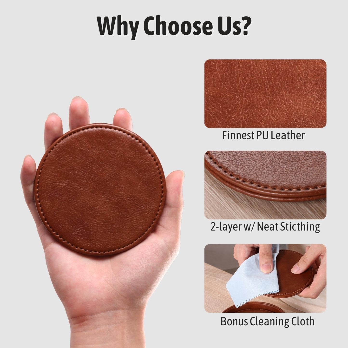 Lorteme Drink Coasters with Holder, 4" Leather Coasters for Drinks Set of 6 for Tabletop Protection, Elegant Home Decor & Handmade Housewarming Gift - Brown