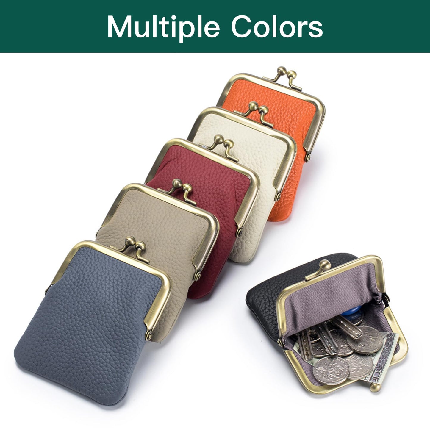 Genuine Leather Kiss Lock Coin Purse, Mini Wallet with Metal Clasp Frame, Small Change Holder，gift for women men (White)