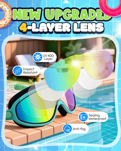 Rantizon Kids Swimming Goggles 2 Pack, Anti Fog&UV Swim Goggles for Boys Girls, No Leak Pool Beach Essentials for kid 3-14 (Black Aqua & Green Aqua)