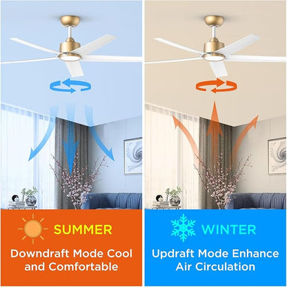 ocioc 52 inch Ceiling Fans with Lights and Remote Control Ultra Quiet DC Motor 3 Color Temperatures Modern Ceiling Fan for Bedroom Kitchen Indoor Covered Outdoor Gold