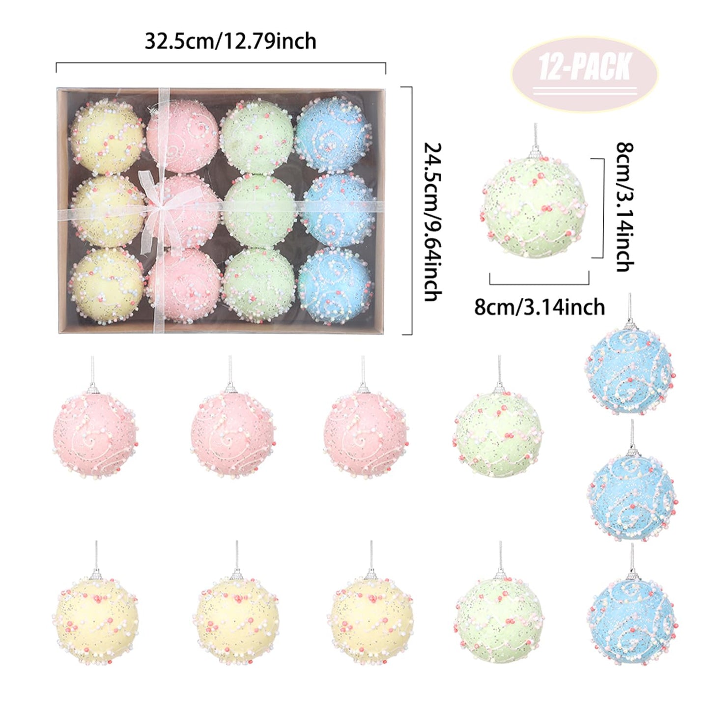Pastel Christmas Tree Ornaments Decorations, 12 Pcs 3.1 Inch Macaron Shatterproof Foam Christmas Ball Ornaments Set, Christmas Tree Hanging Pendants Xmas Tree Decoration