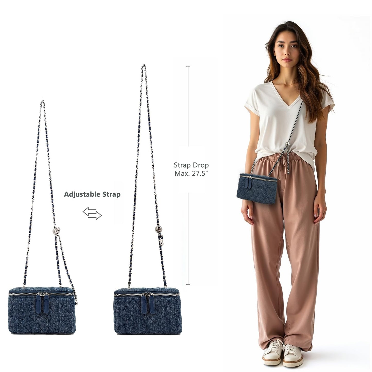 M-ioi-M Quilted Denim Crossbody Bag for Women, Retro Textured Small Jean Purse with Adjustable Silver Chain Strap, Casual Boxy Pouch Shoulder Handbag, Classic Designer Vanity Case Purse (Slub Indigo)