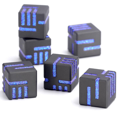D6 Metal Dice, 16mm 6 Sided Dice Set, ZHOORQI 6Pcs/Set Tech-Themed New Concept Glittery Lines D6 Dice for DND, Tabletop RPGs Gifts（D6-Glitter Blue）