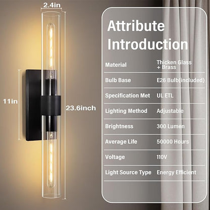Modern Wall Sconces Set of 2, 22.8", 2-Light Indoor Wall Mounted Sconces with Glass Shade, Bathroom Black Vanity Light for Living Room,Hallway Entryway Stairway